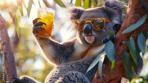 A relaxed koala wearing sunglasses enjoys a refreshing drink while lounging in a eucalyptus tree during a sunny day.