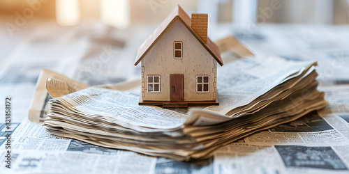 small house with a red roof is on top of a pile of newspapers Concept of home and real estate Property insurance