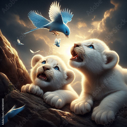 ホワイトライオンの赤ちゃんが遊んでいるアート