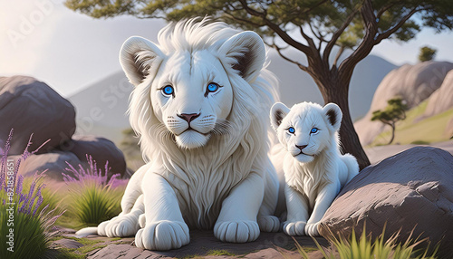 ホワイトライオンの赤ちゃんが遊んでいるアート