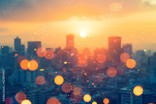 Summer sun blur golden hour hot sky at sunset with city rooftop view in the background fuzzy urban warm bright heat wave lights skyline heatwave bokeh for evening party 