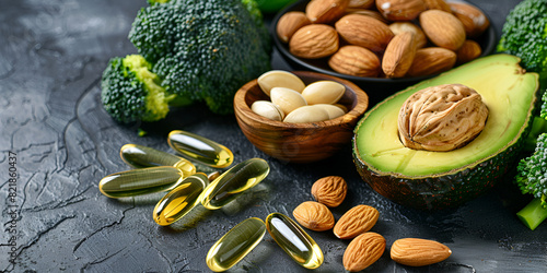  a variety of vitamins and supplements, including fish oil pills, and a bowl of nuts also fresh vegetables such as broccoli and avocado 