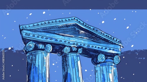 Vector illustration of a Doric column with a detailed capital and entablature against a starry night background.