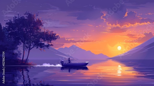 Illustration of a person wakeboarding on a serene lake with a sunset backdrop and mountains in the distance.
