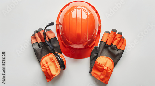 Hard hat earmuffs and gloves isolated on white top view
