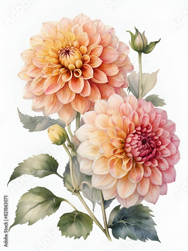 dahlia flowers watercolor on white background