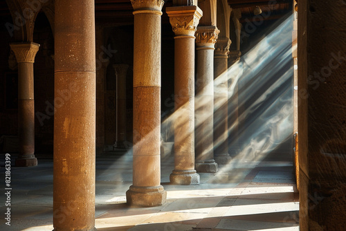 Sunlight filters through the wooden columns of a historic building 