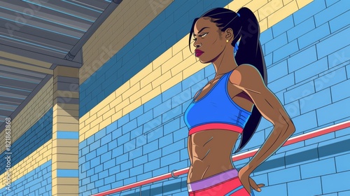 Illustration of a young, fit woman flexing her muscles confidently, with a gym background.