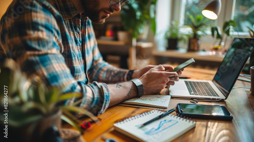 Home workplace. Man using smartphone and taking notes