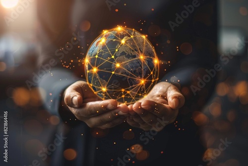 Eine Weltkugel mit digitalen Netzwerken und Verbindungen, die die globale Vernetzung und den Einfluss von KI auf die Weltwirtschaft symbolisieren