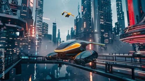 futuristic city with flying cars and tall buildings