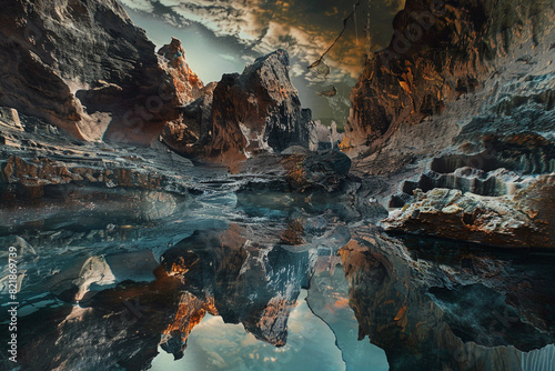 Surreal landscape featuring reflective glossy water surfaces and mirror-like textures juxtaposed with rugged, natural rock formations, creating a dreamlike scene 
