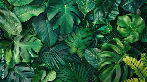 A collage of different tropical leaves in various shapes and shades of green, with sections intentionally left blank for text placement or fabric design