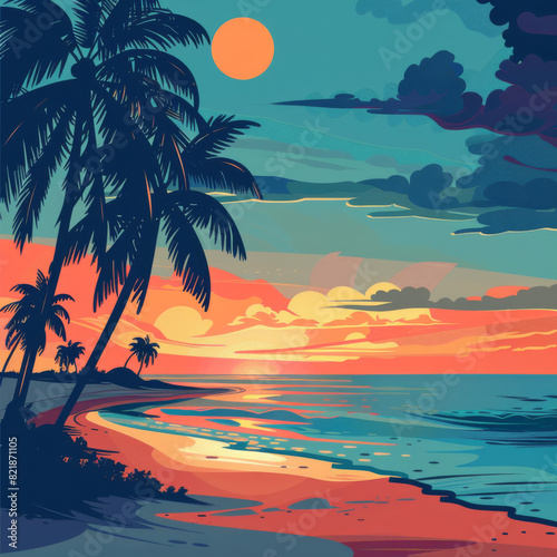 a painting of a tropical sunset with palm trees