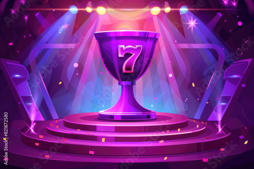 A purple trophy stands on a stage under bright spotlights