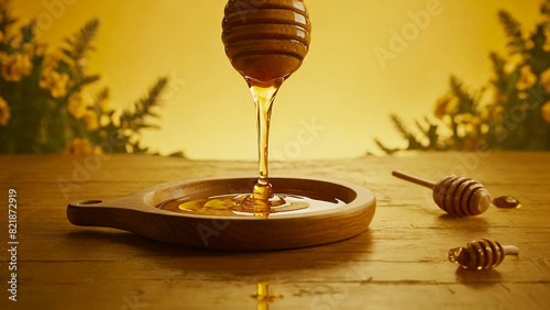 nature’s sweetest nectar with a visually captivating film that showcases honey dripping slowly from a wooden honey dipper against a vibrant yellow background