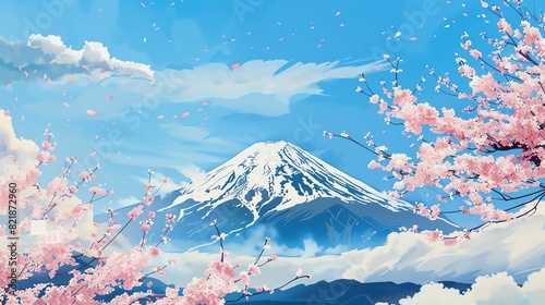 Beautiful landscape with cherry blossoms and Mount Fuji under a clear blue sky, showcasing nature's beauty in spring.