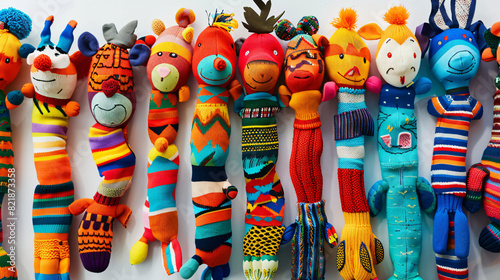 Many colorful sock puppets on white background 