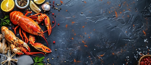 Freshwater lobster and spices on a dark background.