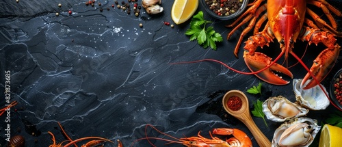 Freshwater and saltwater crustaceans and mollusks with lemon and spices on black stone background.