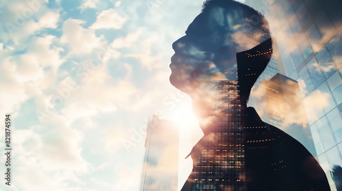 Silhouetted man combined with urban cityscape and sky, representing dreams, aspirations, and modern city life.