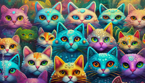 oil painting style cartoon character cat heads pattern