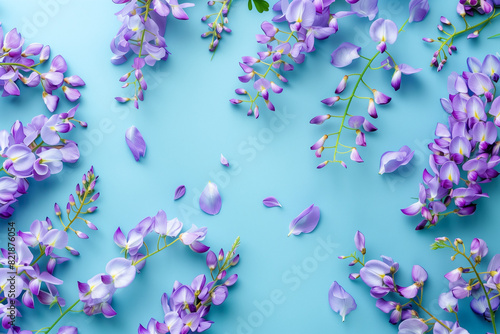 fiori di glicine viola appoggiati su sfondo azzurro