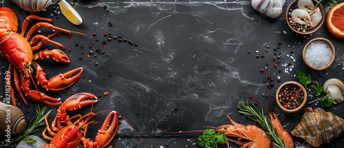 Freshwater and saltwater crustaceans and mollusks with spices and lemon on a dark background.