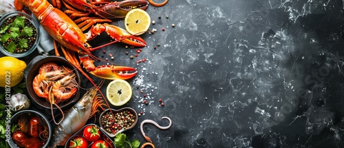 Freshwater and saltwater crustaceans and mollusks with lemon and spices on a dark background.
