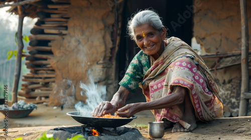Indian villager old lady making food on chulha
