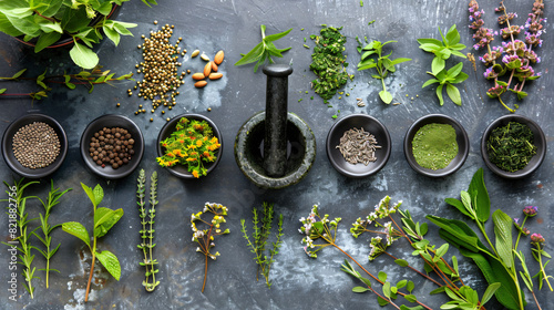 Mortar with pestle and many different herbs on table 