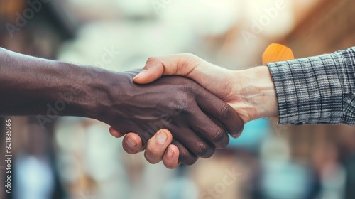 Handshaking of a business deal between black and caucasian people. Copy space. Industrial background.