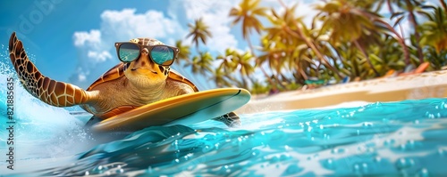 Turtle Surfer Riding Ocean Wave on Tropical Beach with Palm Trees