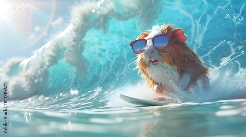 Carefree Guinea Pig Surfing Massive Waves on Tropical Beach Adventure