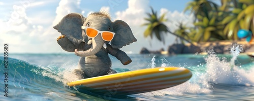 Playful Elephant Surfing Tropical Wave in Paradise
