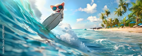 Feline Surfer Riding the Waves in Tropical Paradise