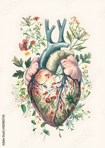 Botanical human heart with plants and flowers, watercolor style, isolated on light background