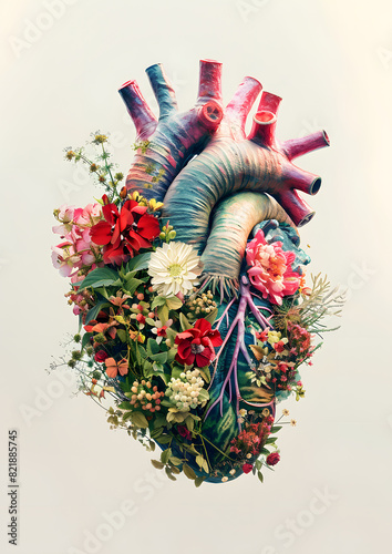 Botanical human heart with plants and flowers, watercolor style, isolated on light background
