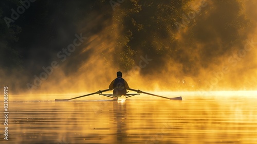 A lone sculler glides through misty waters at sunrise, casting golden hues on the serene lake.