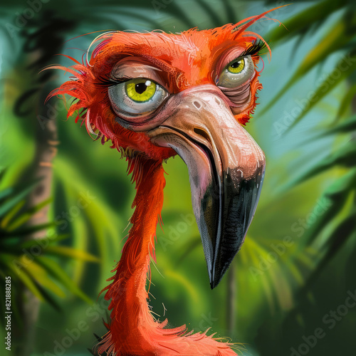 Cartoon Caricature of a Flamingo. Generated Image. A digital illustration of a cartoon caricature of a flamingo in the wild. 