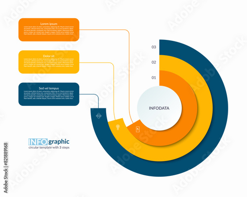 Infographic semi circle layered concentric template with 3 steps, options. Process chart, cycle diagram, vector banner for presentation, report, brochure, web, data visualization.