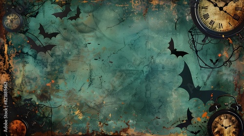 Vintage Halloween Border Design with Antique Clock Faces and Bat Silhouettes on Muted Moody Background for Copyspace