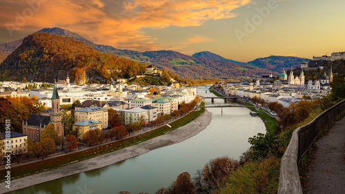 Autumn season at a historic city of Salzburg with Salzach river in beautiful sunset sky and colorful of autumn scene Salzburger Land, Austria