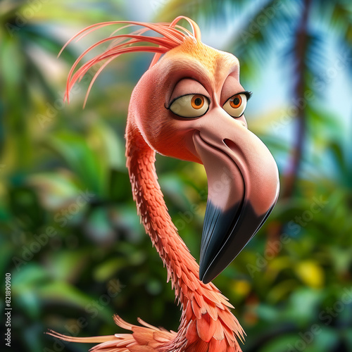 Cartoon Caricature of a Flamingo. Generated Image. A digital illustration of a cartoon caricature of a flamingo in the wild. 