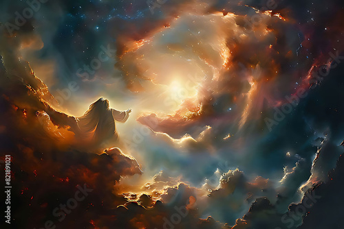 A surreal depiction of a divine entity motioning the creation of human life, with ethereal breath emanating from its celestial nose. The breath swirls into a human figure emerging from nothingness, il