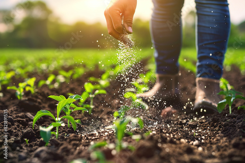 Farmer spreading fertilizer on lush green field, nurturing crops for bountiful harvest.