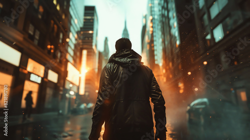 Person walking alone through a misty city street at dawn, bathed in warm, urban light. Tall buildings create a dramatic backdrop.