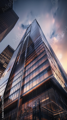 Stunning view of a modern skyscraper against a dramatic sky with reflections of the sunset, showcasing urban architecture at its finest.
