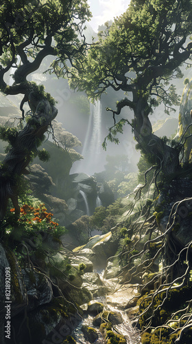 Serene forest waterfall surrounded by lush greenery and vibrant flowers, with sunlight filtering through the trees, creating a magical atmosphere.