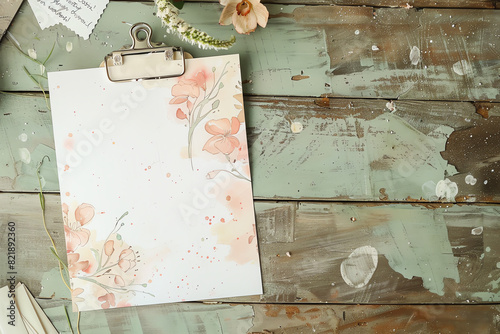 Vintage clipboard on rustic wooden table with artistic floral paper. Ideal for invitations, cards, or creative projects.
